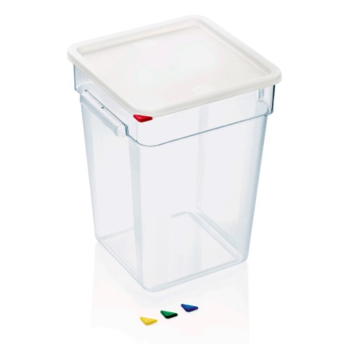 HACCP Vorratsbehälter, mit farbigen HACCP Clips, mit Skalierung und Griffen. Material: Polycarbonat, Polyethylen. Inhalt in Litern: 22.