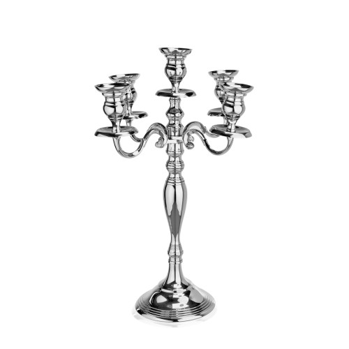 Kandelaber, Vernickelt – 5-flammig, hochglanzpoliert. Material: Aluminium. Maße: Höhe: 800 mm