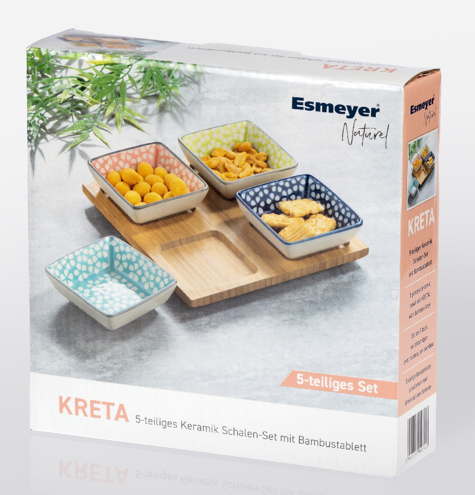 5-teiliges Schalenset "KRETA" mit Tablett, vier quadratische Schalen ca. 7,3 x 7,3 x 2,8 cm, aus hochglänzendem Steingut, mit Dekor,