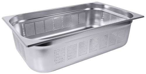Gelochte GN-Behälter aus Edelstahl 18/10, DIN 66075 bzw. EuroNorm 631-1, stapelbar, gelochte Bodenfläche, ab 10 cm Tiefe zusätzlich