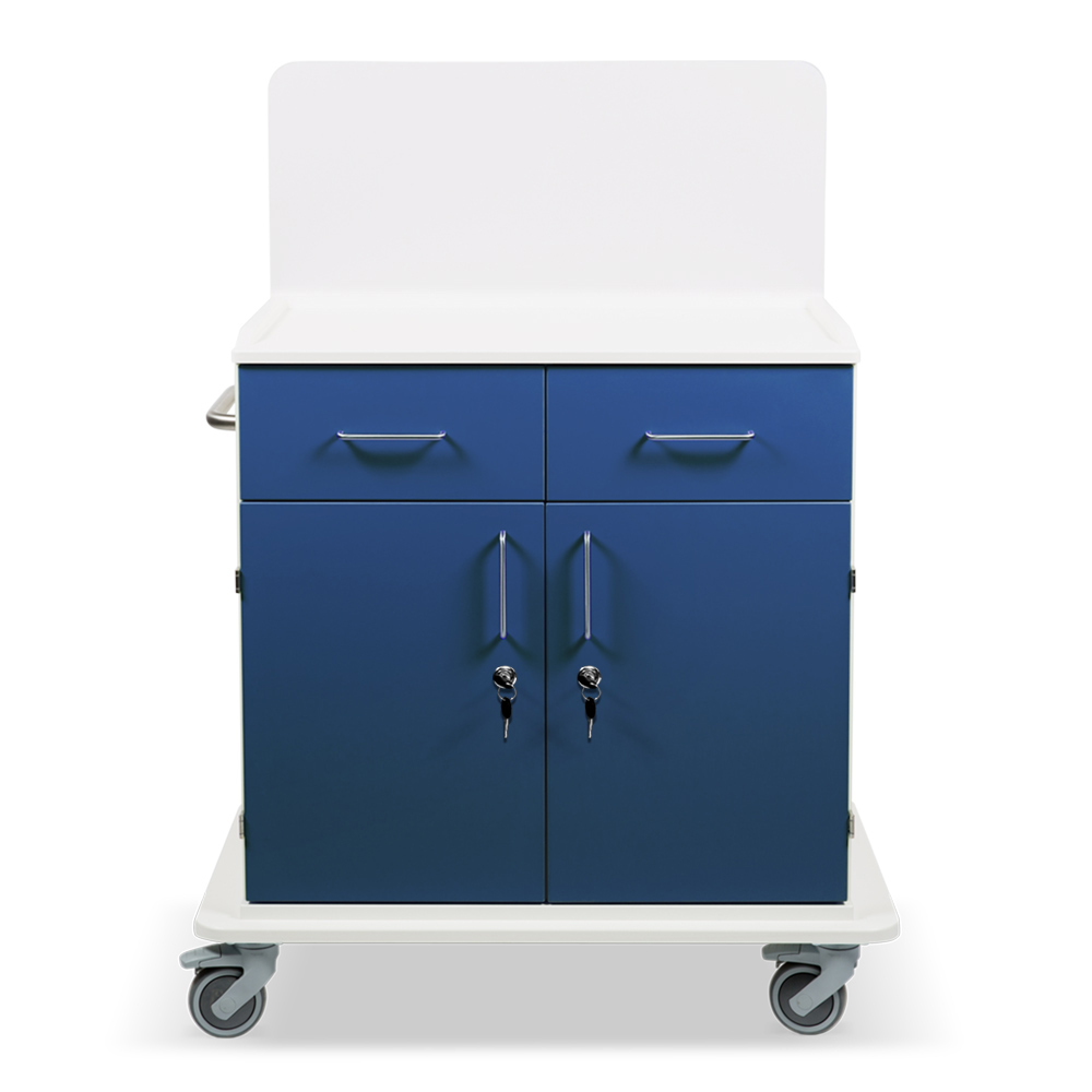 ETHERNASOLID® MULTICART Multifunktionswagen T21 mit Rückwand, 2 Drehtüren, 2 Schubladen und Schiebegriff, blau