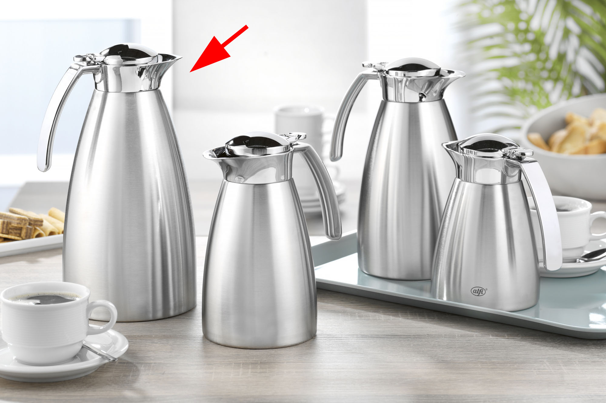 Isolierkanne Alfi GUSTO TT, Inhalt: 1,5 Liter, Höhe: 273 mm, Durchmesser (Öffnung): 47 mm, aus mattiertem Edelstahl, Einhandbedienung,