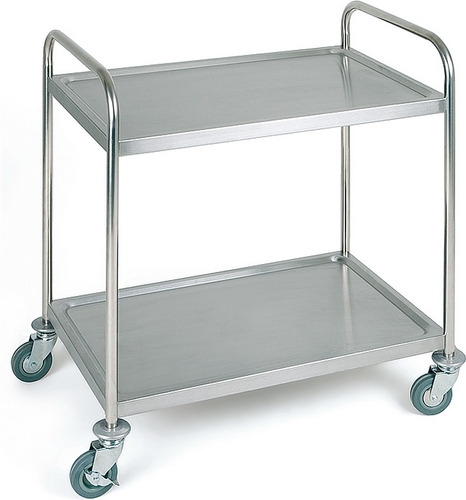 Servier- / Transportwagen 91 x 59 cm, H: 93 cm Edelstahl mattiert, 2 Borde Bordmaße: ca. 83 x 51 cm Maß zwischen den Borden: