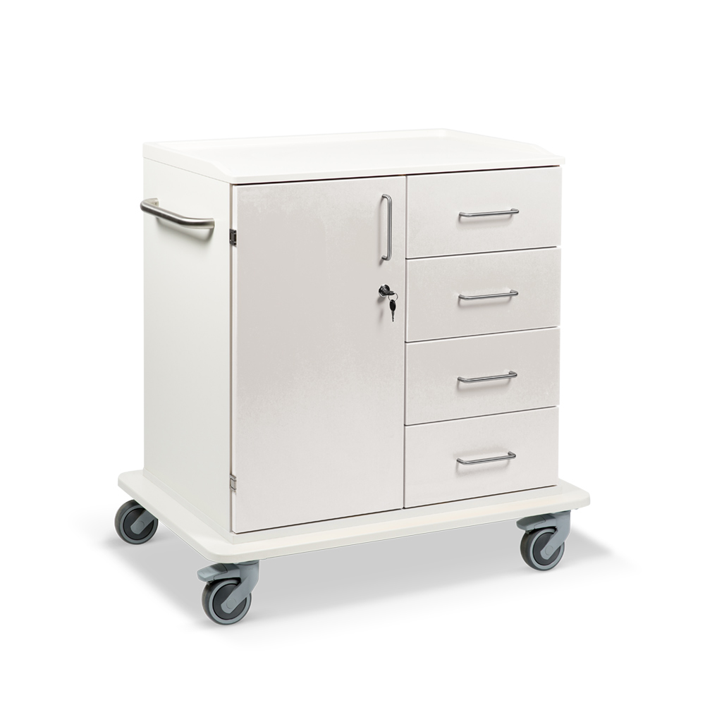 ETHERNASOLID® MULTICART Multifunktionswagen T22 mit einer Drehtür links, 4 Schubladen rechts und Schiebegriff, weiß