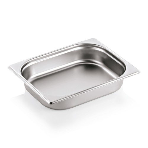 GN 1/2 Behälter, Materialstärke 0,7 mm. Material: Chromnickelstahl 18/8. Serie: GN 90. Inhalt in Litern: 4. Maße: Höhe: 65 mm