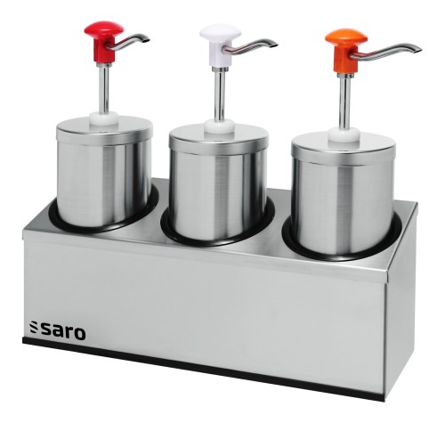 SARO Saucenspender PD-006 3 x 2,25 ltr - Material: Edelstahl, Chrom, Kunststoff - Dosierung einstellbar, max. 30 ml - Inkl. Halter