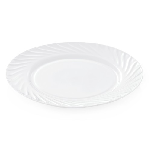 Teller, Opalglas, gewellter Rand, widerstandsfähig bei thermischer und mechanischer Belastung, flache Ausführung. Material: Glas /