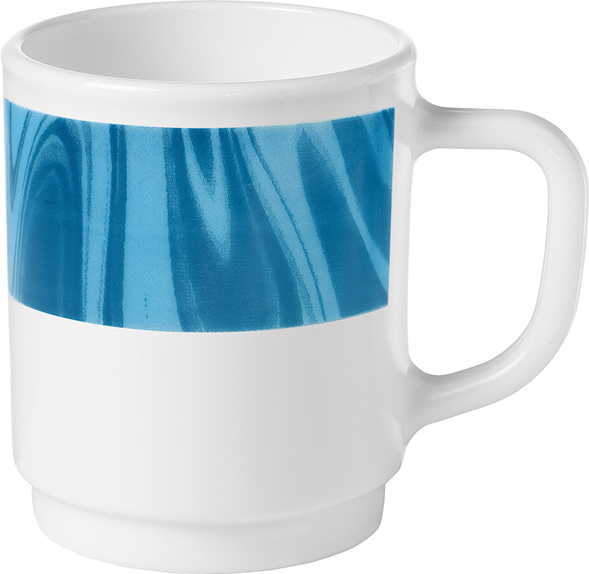 Henkelbecher NATURA mit blauem Muster. Inhalt ca. 0,25 liter, aus Opalglas. Von Bormioli Rocco.