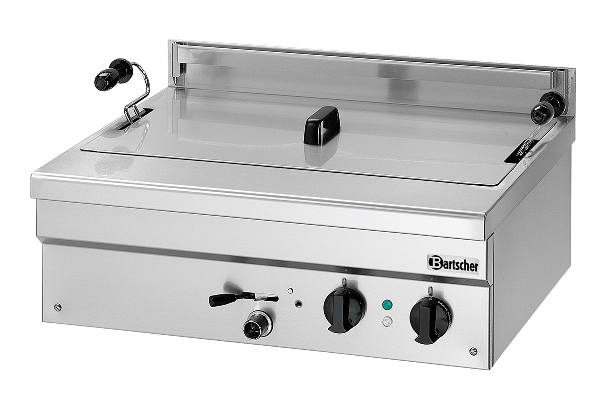 Bartscher Backwarenfritteuse BF 21E |Eigenschaften: Abgerundete Ecken ,Ablasshahn mitSicherheitsvorrichtung | Maße: 70 x 59 x 32,0