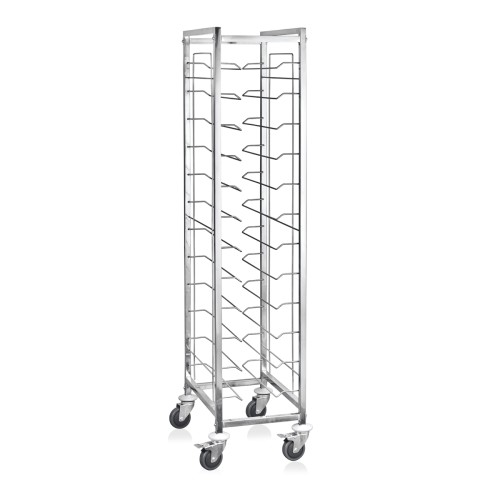 GN 1/1 Tablettwagen, für 12 Tabletts. 4 schwenkbare Rollen à Ø 12 cm, mit Rammschutz, davon 2 mit Feststeller, mit Sicherungsbügel gegen