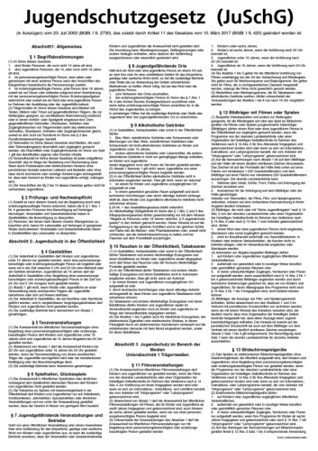 Jugendschutzgesetz in der aktuellen Fassung, alle aushangpflichtigen Paragraphen sowie  1 und 2, schwarzer Siebdruck auf 1 mm