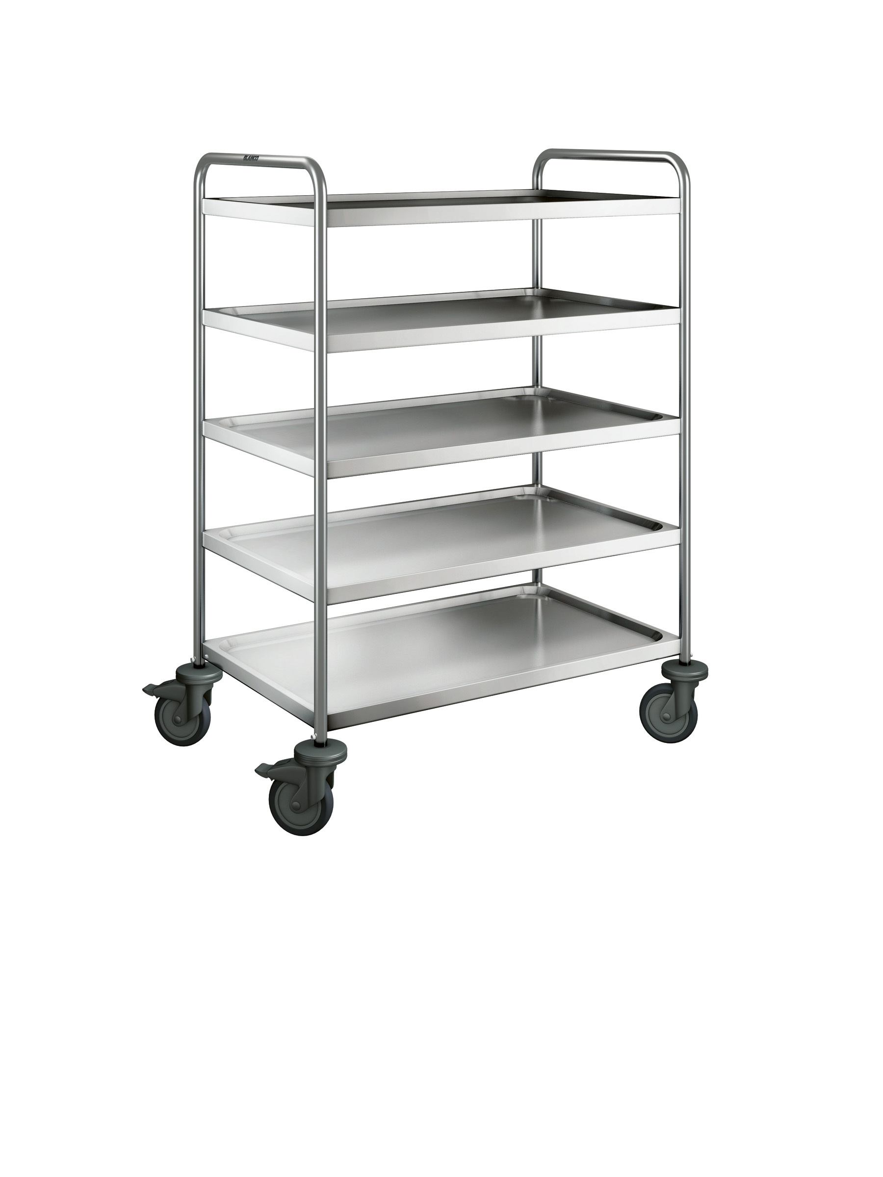 BLANCO Servierwagen aus rostfreiem Edelstahl mit Kunststoffrollen, 4 Lenkrollen Ø 125 mm, davon 2 mit Feststeller, Maße der Borde: 5 Borde 900 x 550