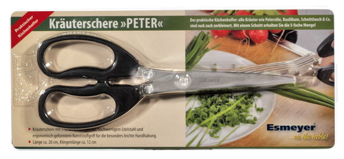 Kräuterschere PETER mit 5 Klingenpaaren, Klingen aus Spezialstahl, schwarzer Kunststoff-Griff, auf Blisterkarte