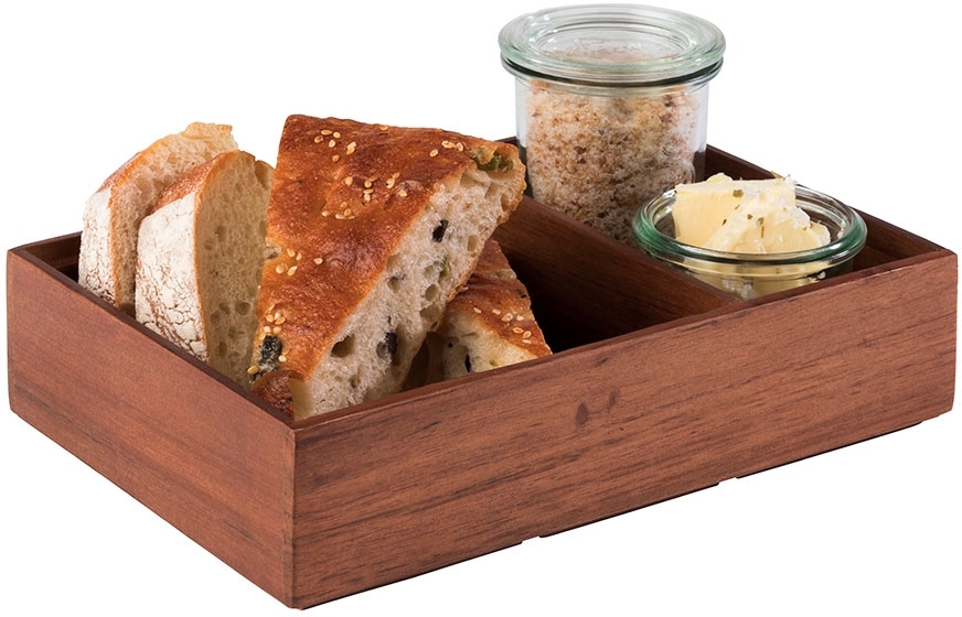 Holzbox -WOODY- 22,5 x 15 cm, H: 5,5 cm Akazienholz unterteilt in 2 Fächer: - 1. Fach: innen: 13,5 x 13 cm - 2. Fach: innen: