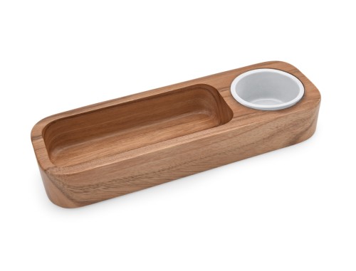 Dipschalen Set. Akazienholz. mit einer Porzellanschale. Höhe Schale 4cm, Durchm. Schale