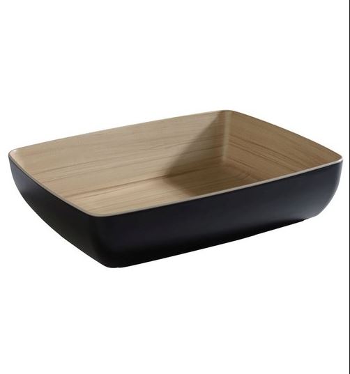 GN 1/2 Schale -FRIDA- 32,5 x 26,5 cm, H: 7,5 cm Melamin innen: Holzoptik außen: schwarz 4 Liter spülmaschinengeeignet