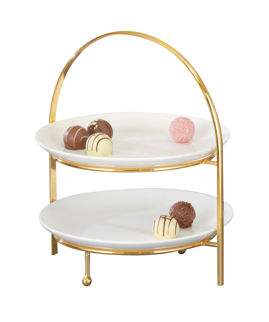 Etagere MILO, 2-stufig, Ständer aus goldfarbenem Metall, Teller creme, Durchmesser: ca. 21 cm.