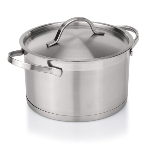 Bratentopf mit Deckel, Sandwichboden, Schüttrand, Rand poliert, Maßeinteilung, angeschweißte Kaltgriffe. Material: Chromnickelstahl 18/10.