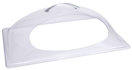 GN-Kuppelhaube aus glasklarem Polycarbonat mit verchromtem Griff, passt auf alle GN-Tabletts, mit Öffnung an Längsseite, bis