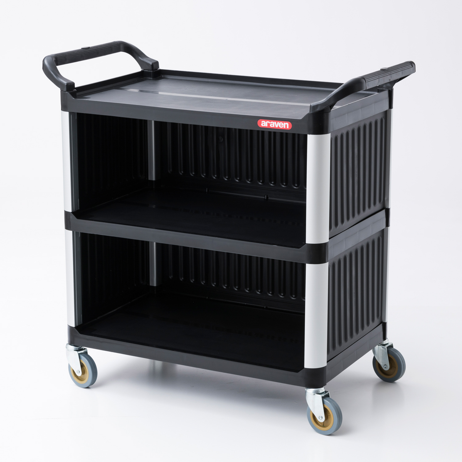 ARAVEN Servicewagen in geschlossener Ausführung mit 3 Regalen und bis zu 150 kg Traglast, 950x500x945mm