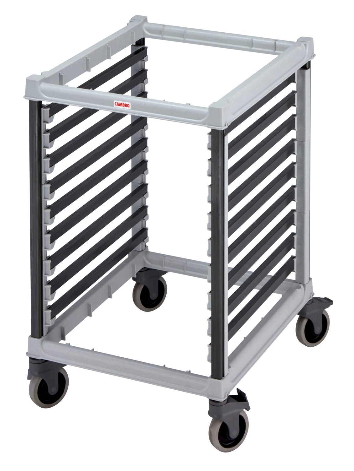 CAMBRO Camshelving® GN 2/1 Speiseschalenregal mit 9 GN 2/1 Einschüben unmontiert, grau, Quer-Einschub