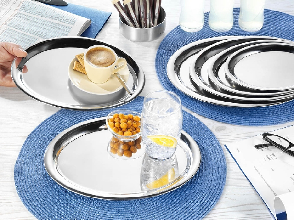 Ovales Serviertablett DAILY aus Edelstahl 18/10, hochglänzend, mit gebördeltem Rand, Länge: 20 cm, Breite: 14,5 cm, Höhe: 1,1 cm,