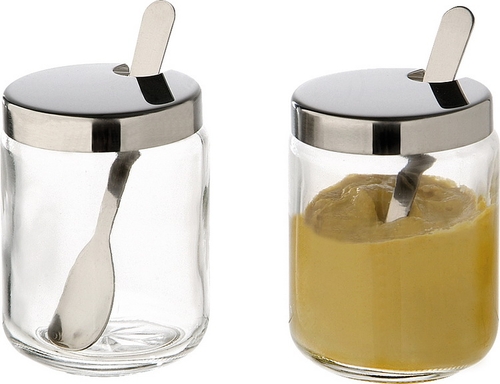 Senftöpfchen, 2er Set je Ø 5 cm, H: 6 cm Glas, Edelstahl inkl. Löffel und Deckel spülmaschinengeeignet zerbrechlich Farbe: