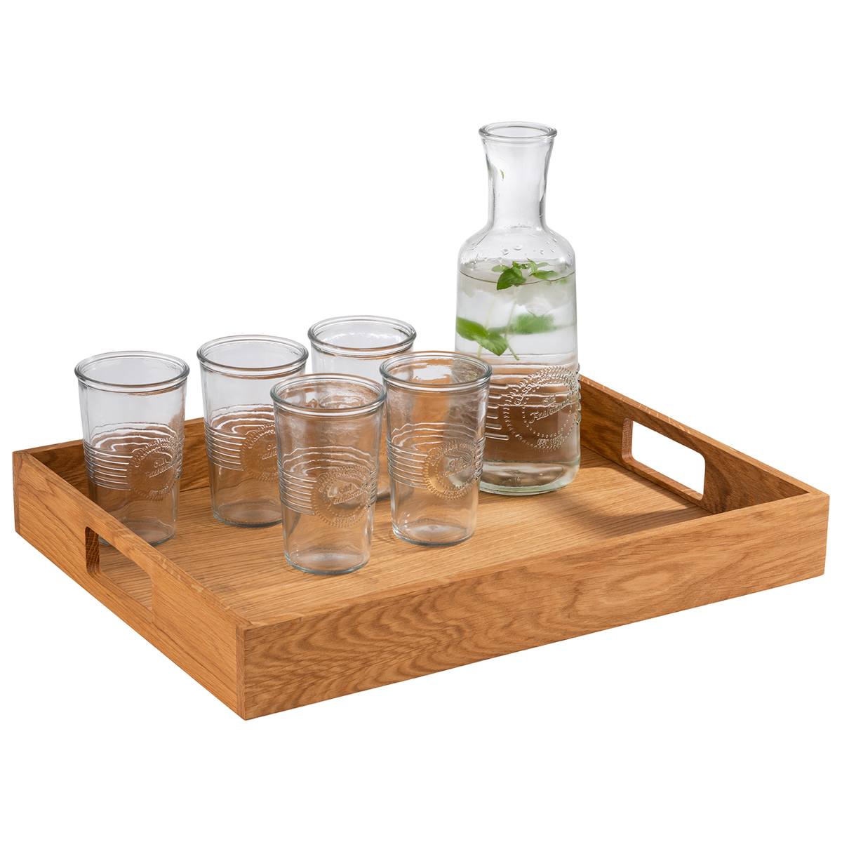 Serviertablett, 45 x 35 cm, H: 6 cm, Eichenholz, geölt, mit 2 Griffmulden