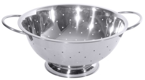 Abtropfschüssel aus Edelstahl 18/10, hochglänzend, mit breitem, gebördeltem Rand, Loch Ø 3 mm, Bodenlochung dichter als Wandlochung,