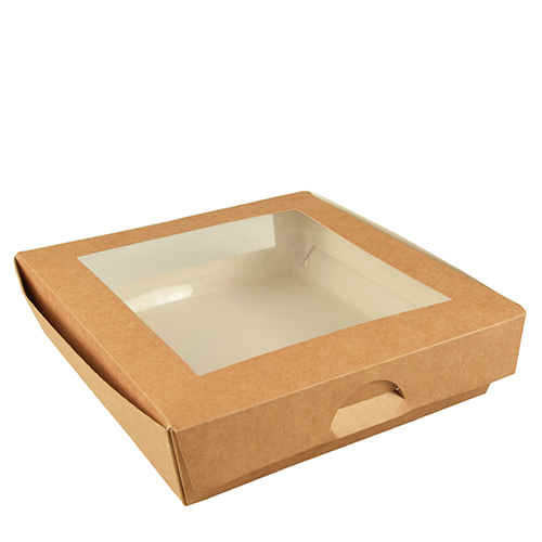 25 Feinkostboxen, Pappe mit Sichtfenster aus PLA eckig 1500 ml 19 cm x 19 cm x 5 cm braun von PAPSTAR