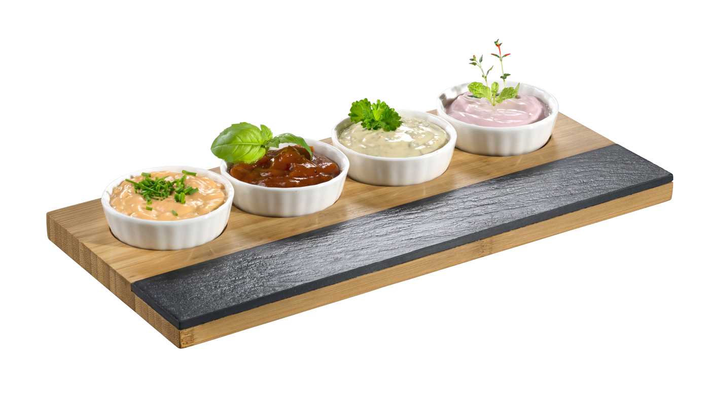 5-teiliges Servier Set MALMÖ, bestehend aus 4 Servierschalen, Porzellan weiß, 1 Serviertablett, Bambus