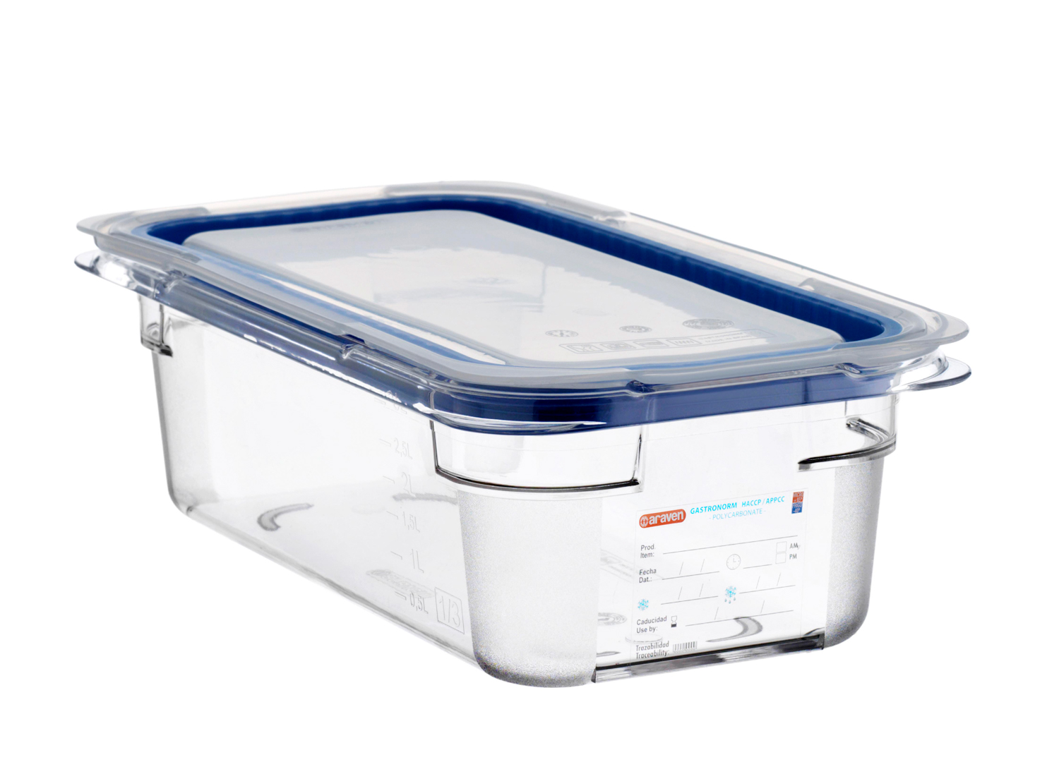 ARAVEN luftdichter Polycarbonat Behälter GN 1/3 100mm Höhe und 3 Liter Fassungsvermögen mit Deckel, durchsichtig