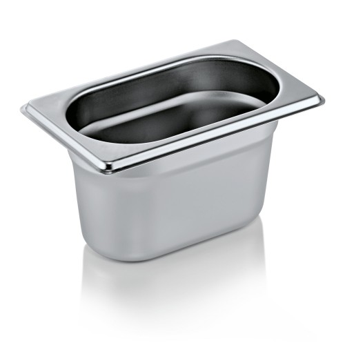 GN 1/9 Behälter, Materialstärke 0,6 mm. Material: Chromnickelstahl. Serie: GN 70. Inhalt in Litern: 1. Maße: Höhe: 100 mm