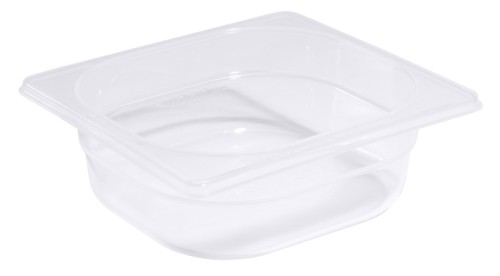GN-Behälter 1/6 aus Polypropylen, milchig-transparent, mikrowellentauglich, tiefkühl- und spülmaschinengeeignet,