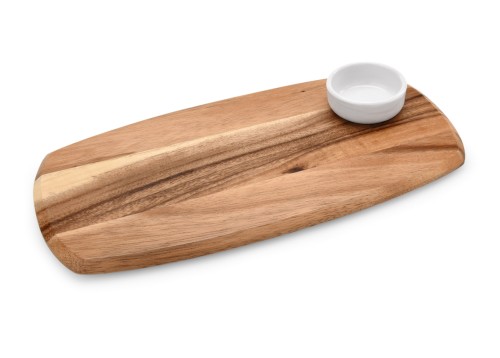 Dipschalen Set. Akazienholz. mit einer Porzellanschale. Maße: 35 x 18 x 1,5 LxBxH,