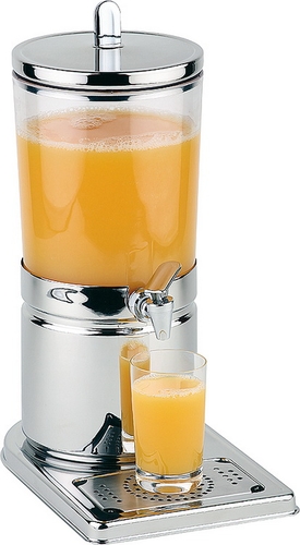 Saftdispenser TOP FRESH, Kapäzität: 4 Liter. Aus: Edelstahl 18/8, SAN. 1 Kühlakku im Deckel 1 Kühlakku Standfuß. Maß: 21 x 32 x 43 cm.