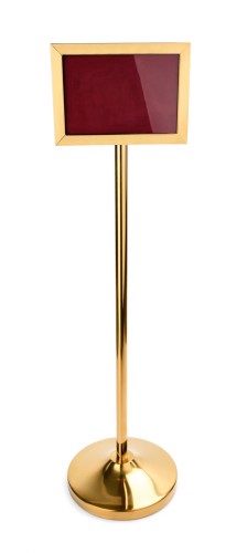 Info-Ständer. Chromnickelstahl. DIN A4 Querformat, rückseitig aufklappbar.