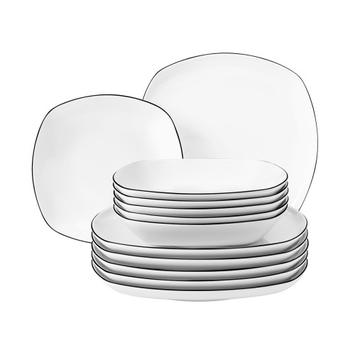 Seltmann Tafelservice 12-teilig eckig, eckig, Form: Lido, Dekor: 10826 Black Line, hohe Kantenschlagfestigkeit, Made in Germany