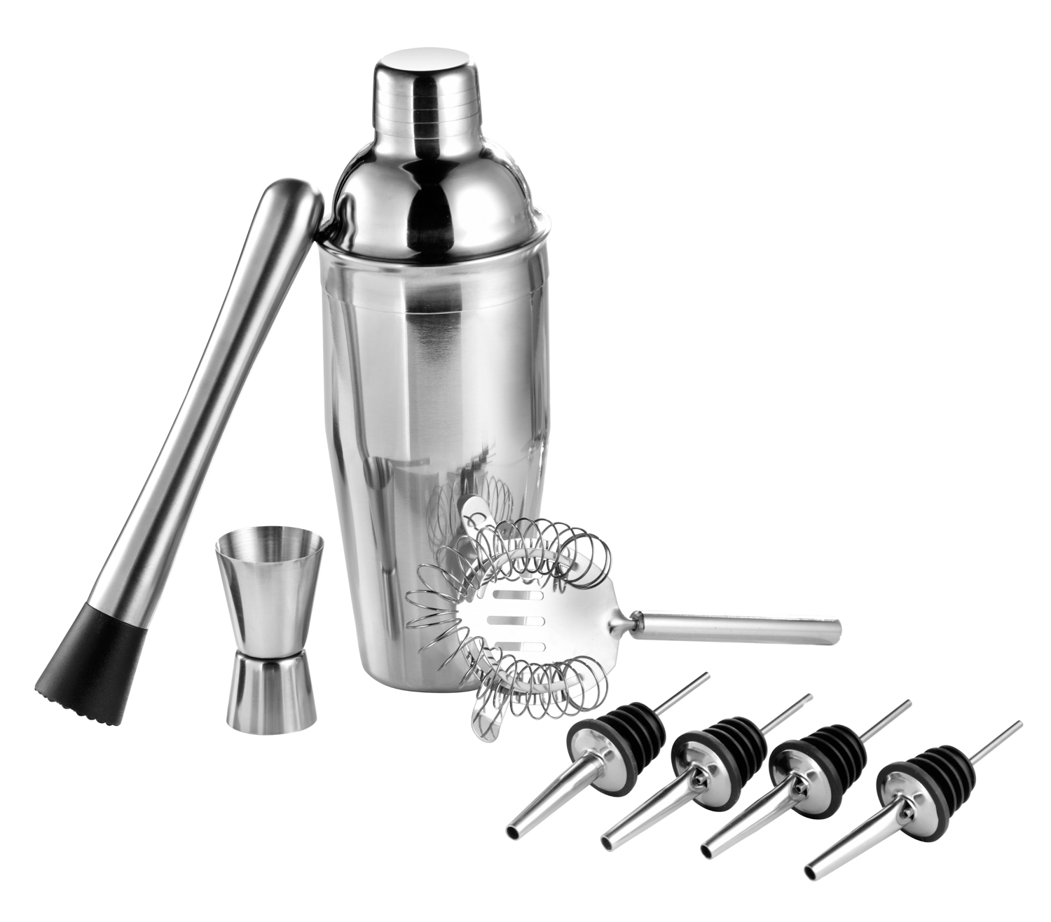 9-teiliges Cocktail Shaker Set FLORIDA aus Edelstahl 18/8 (Zubehör 201), bestehend aus je einem Cocktail Shaker Inhalt ca. 750 ml,