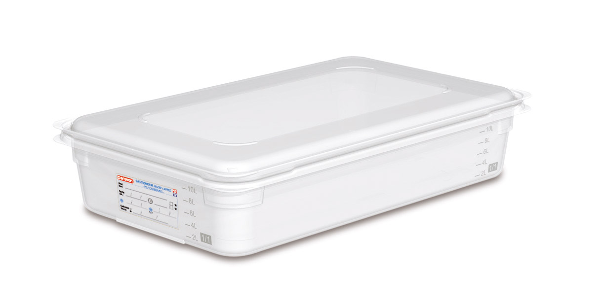 ARAVEN stapelbarer Behälter mit Deckel GN 1/1 100mm Höhe und 13 Liter Fassungsvermögen, durchsichtig