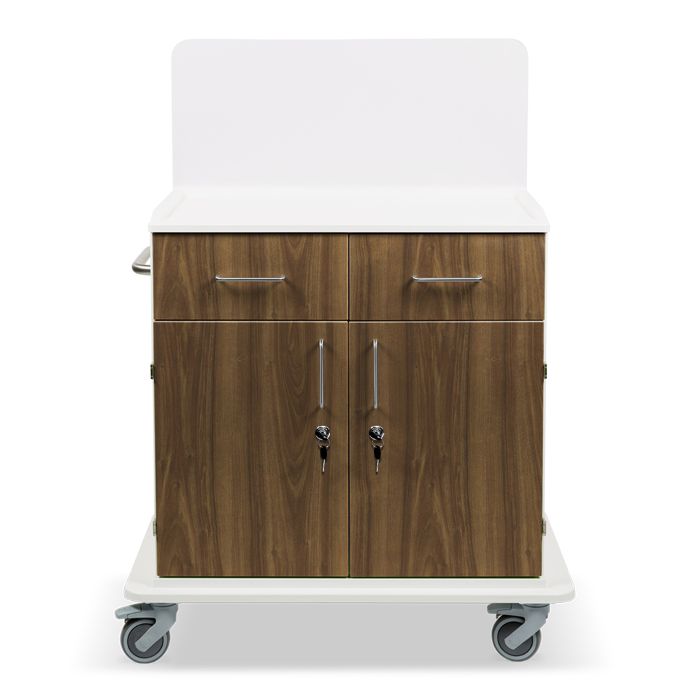 ETHERNASOLID® MULTICART Multifunktionswagen T21 mit Rückwand, 2 Drehtüren, 2 Schubladen und Schiebegriff, Walnuss