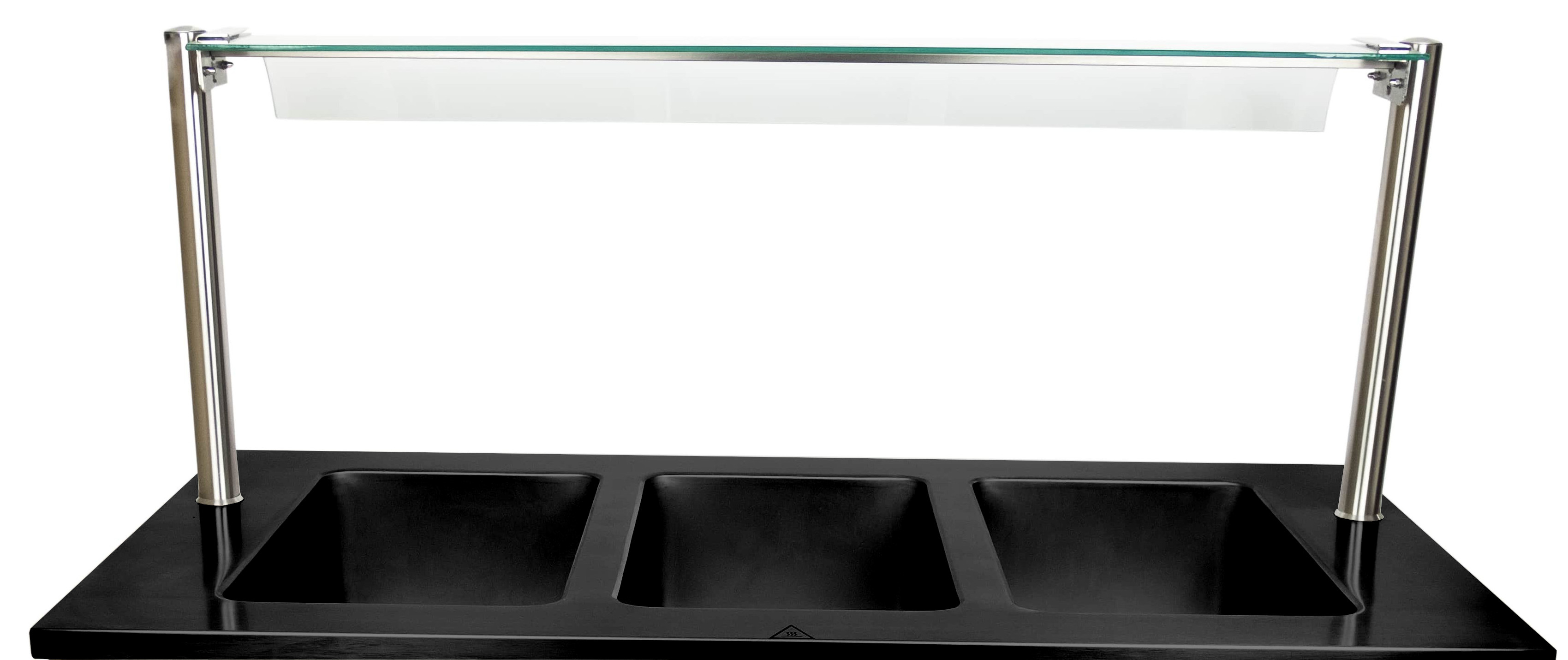 SARO Spuckschutzwand zum Bain Marie Trolley BTS-3, Material: (Stange) Edelstahl; (Platte) Glas.