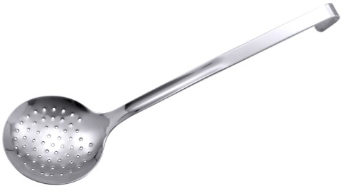 Schaumlöffel aus Edelstahl, fugenlos, hochglänzend, mit Hakengriff, Loch-Ø 3 mm, schwere Qualität Durchmesser: 10 cm, Gesamtlänge: