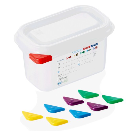 GN 1/9 Behälter, BPA frei, Deckel hermetisch schließend, Inklusive 5 Markierungs-Clips in den Farben: rot, blau, gelb, grün, lila, Behälter sind