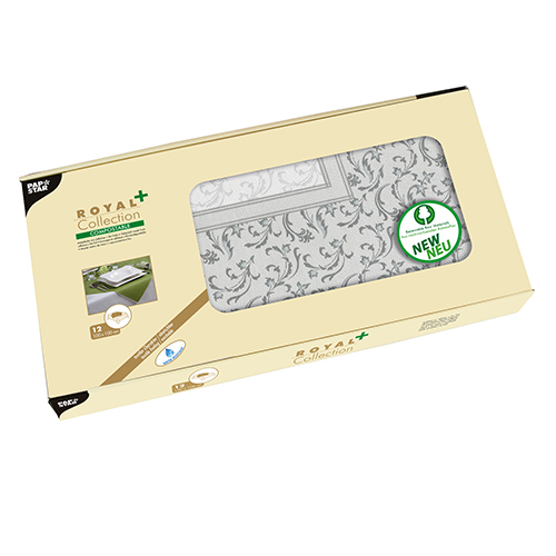 12 Mitteldecken, stoffähnlich, PV-Tissue "ROYAL Collection Plus" 100 cm x 100 cm grau "Damascato" von PAPSTAR