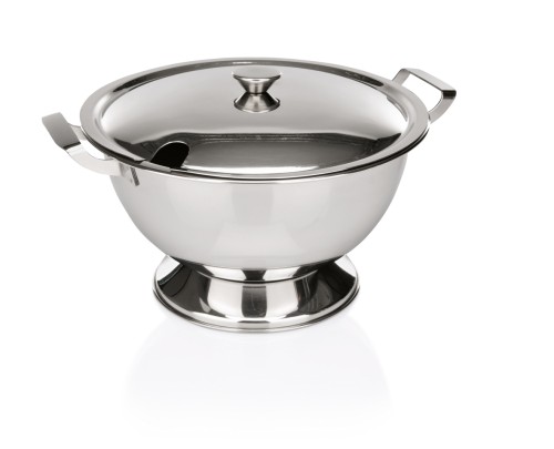Suppenterrine auf Fuß aus Chromnickelstahl. 22 cm Durchmesser mit zwei Seitengriffen, passender Deckel 463-3848 separat erhältlich