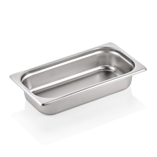 GN 1/3 Behälter, Materialstärke 0,7 mm. Material: Chromnickelstahl 18/8. Serie: GN 90. Inhalt in Litern: 2,5. Maße: Höhe: 65 mm