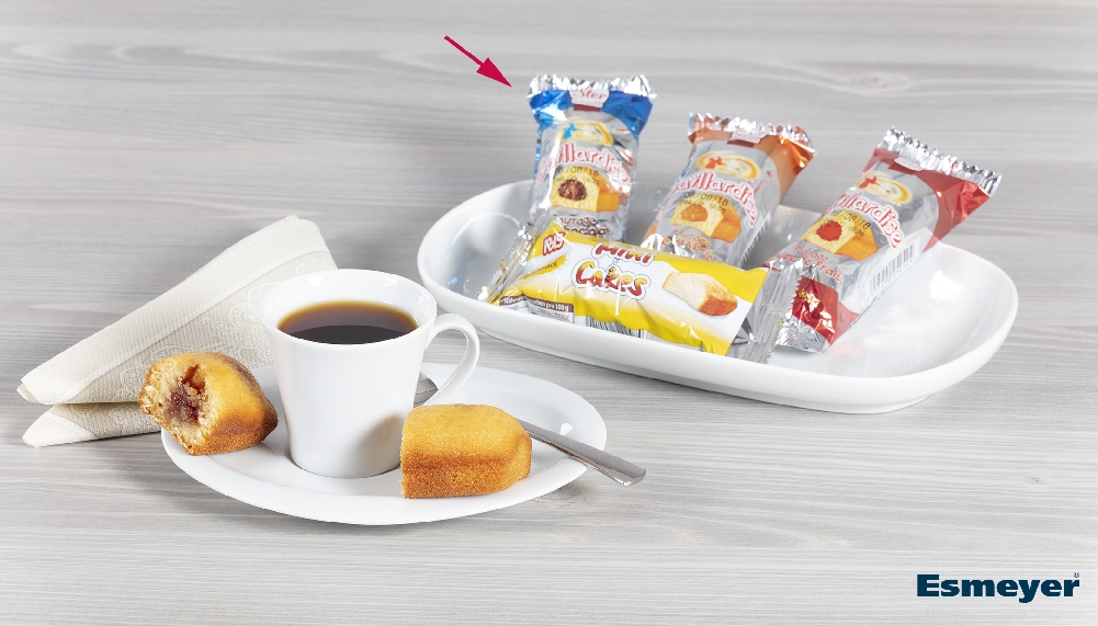 Französischer Mini-Butterkuchen Schoko "LeSter", 130 Stück, jedes Miniküchlein hygienisch einzeln verpackt, je 30g. Mit süßer Schokocremefüllung.