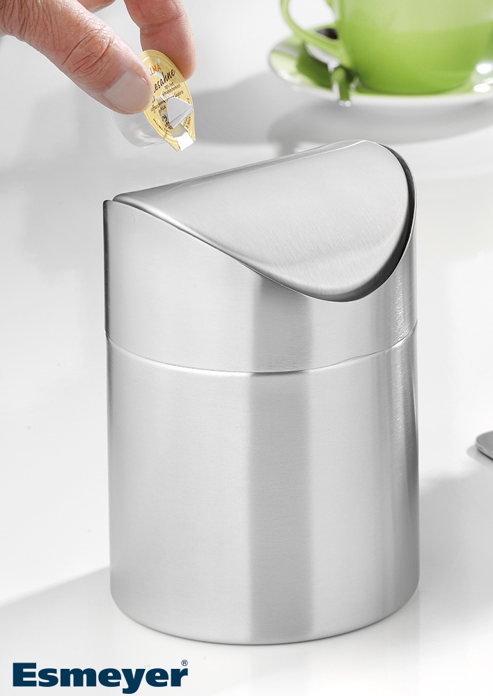 Tischabfallbehälter SWING mit Schwingdeckel, Material: Edelstahl 18/10, matt und gebürstet, Höhe: 165 mm, Durchmesser: 120 mm,