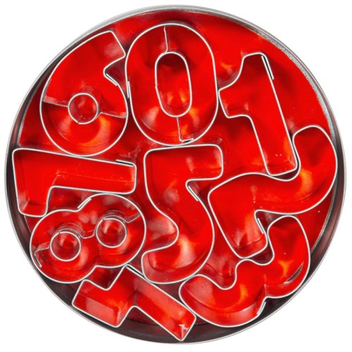 Ausstechformen Zahlen aus Weißblech, zehn Nummern komplett in der Dose (Ø 10,5 cm) Länge: 35 mm, Höhe: 20 mm